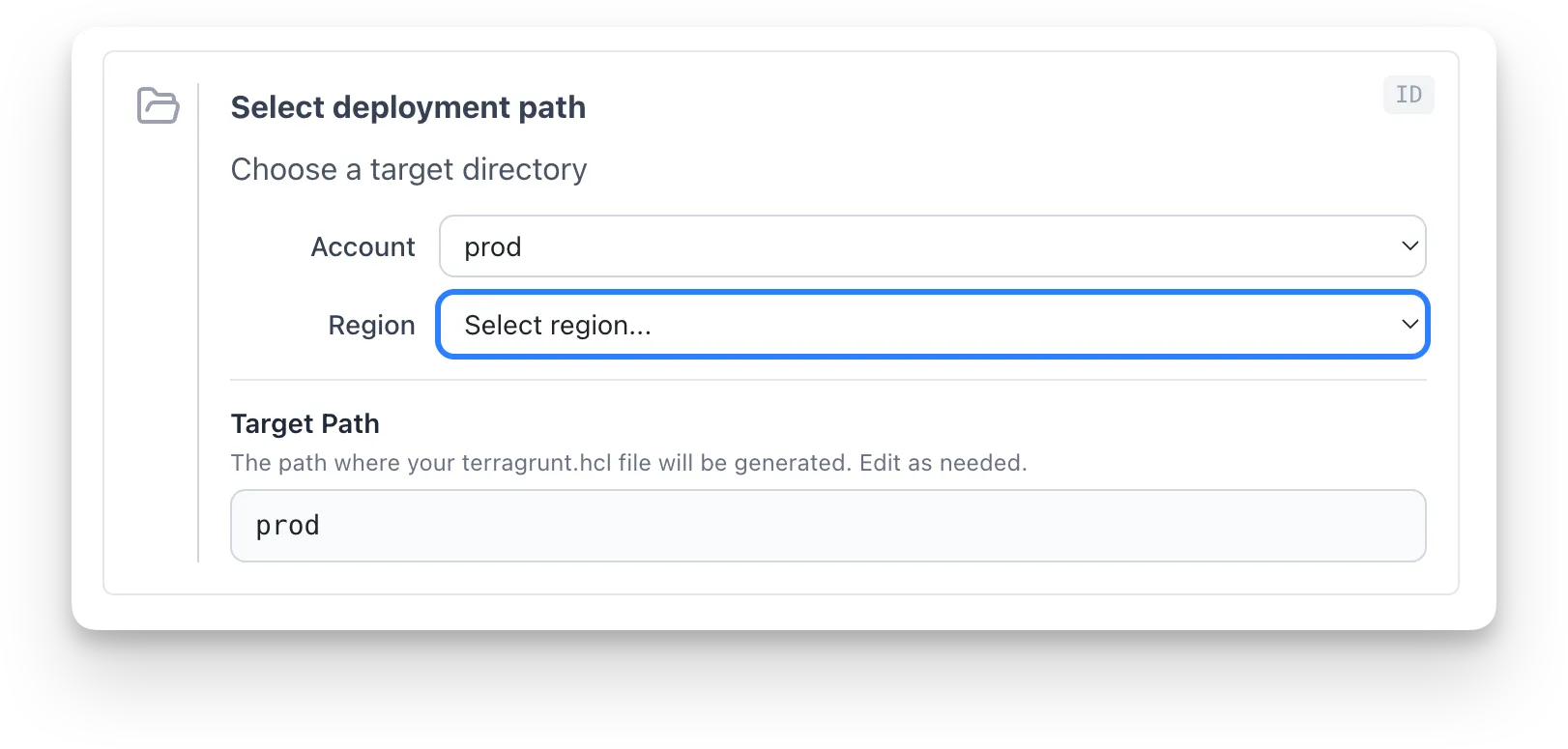 DirPicker block with Account and Region dropdowns and an editable Target Path field